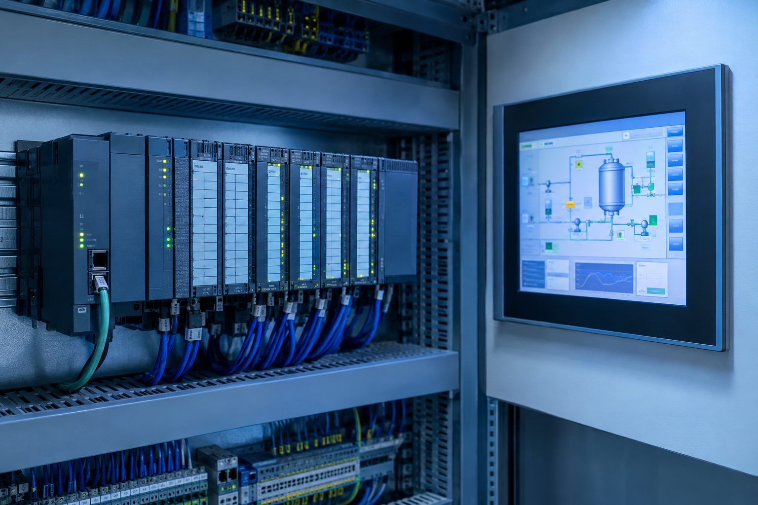 PLC rack and HMI panel in a control cabinet
