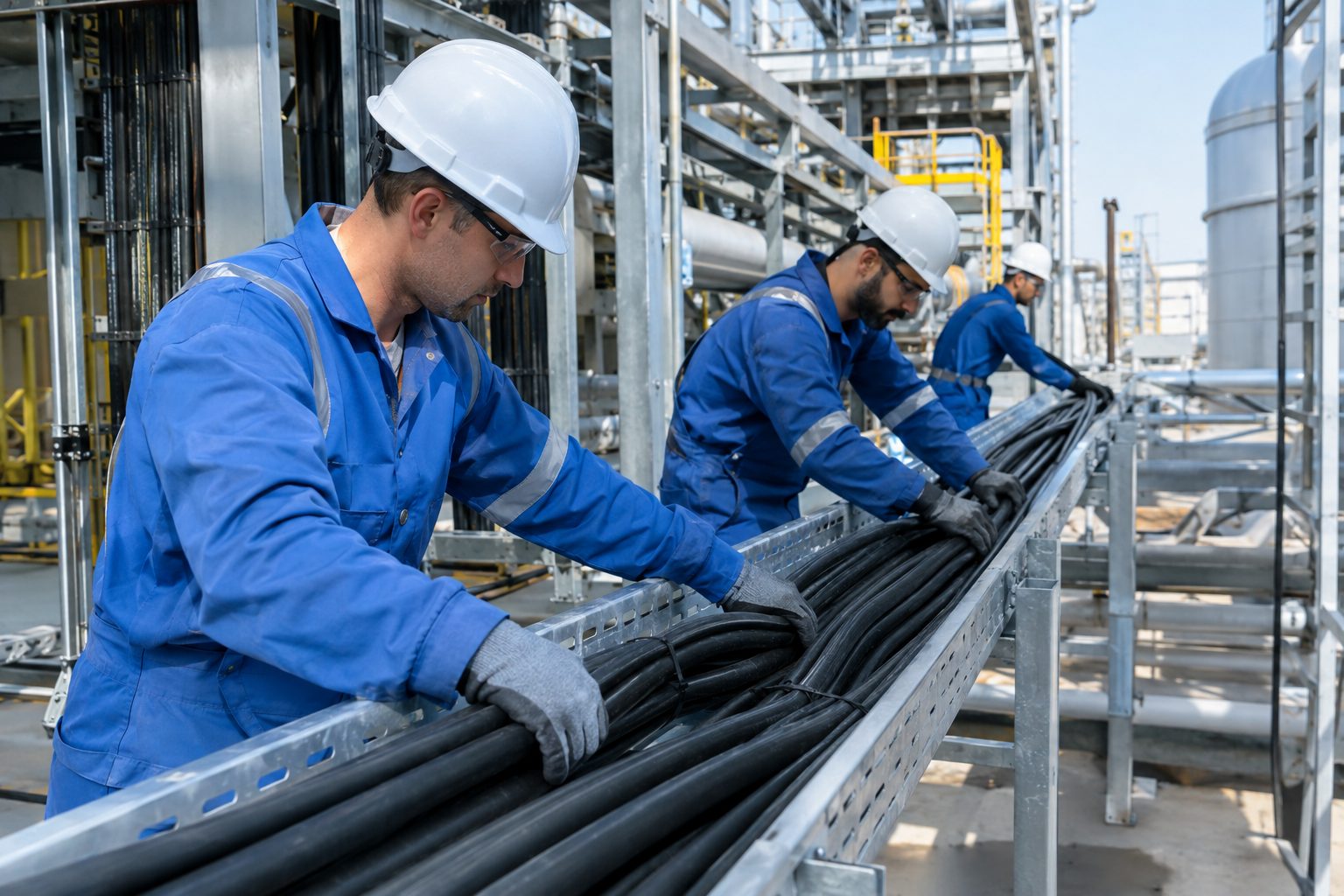 Electricians laying power cables on a cable tray