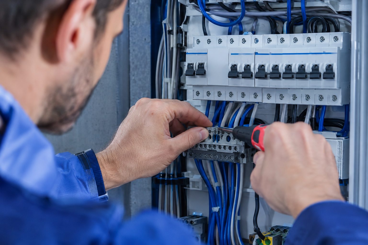 Technician wiring a distribution board