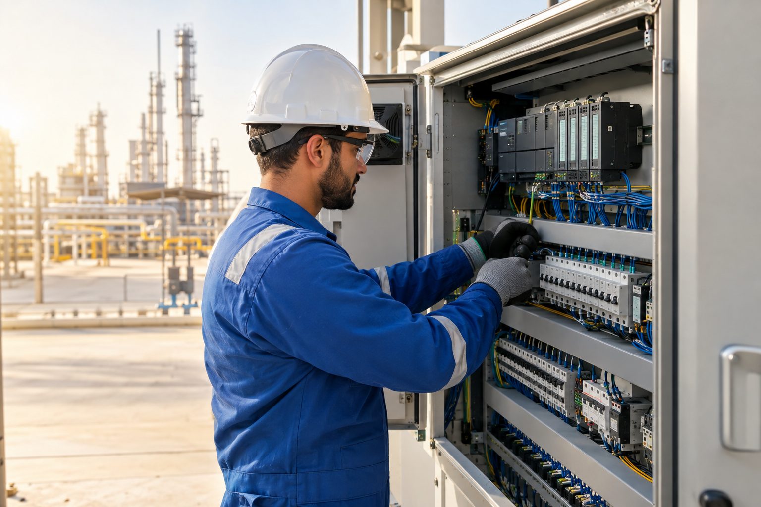 Electrician working on an industrial control panel